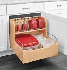 Rev-A-Shelf food storage container organizer installed in a base cabinet drawer