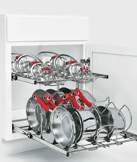 Rev-A-Shelf cookware organizer with pots and pans stored in a pull-out cabinet system